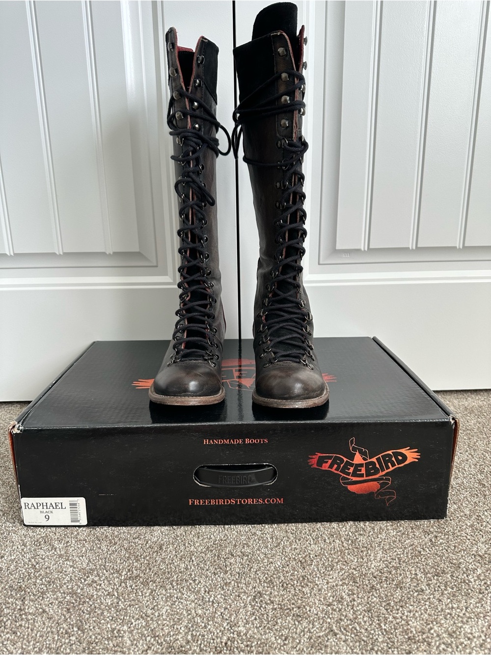 freebird Tall Lace-Up Leather Boots in Black with Red Trim